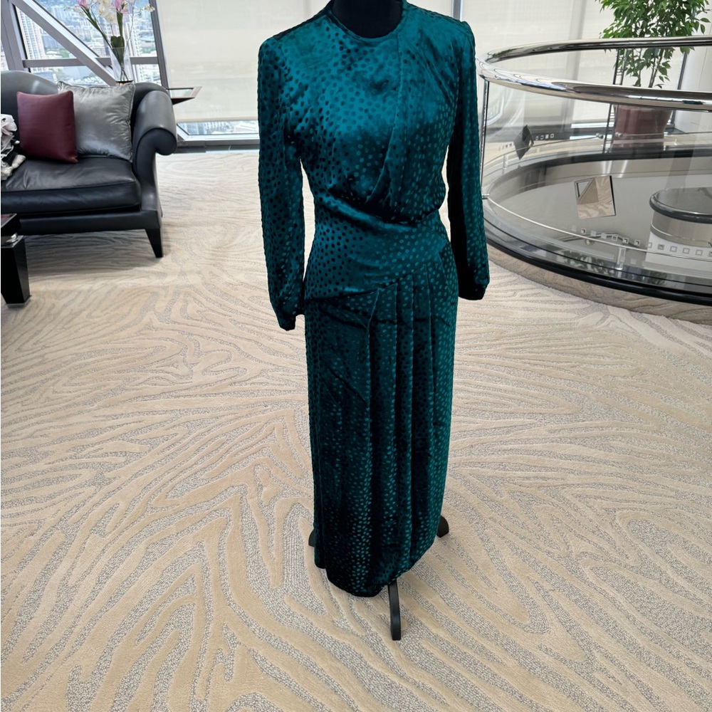 Vintage Hanae Mori Boutique Textured Long Sleeve Teal Dress - Picture 3 of 5